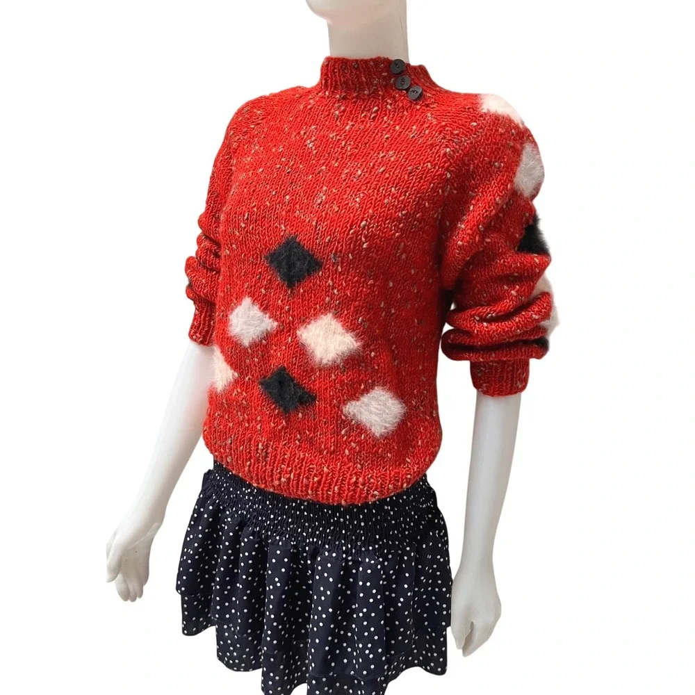 Handknitted Red Chunky Argyle Sweater Mock Neck Grannycore Cabin‎ Preppy Small